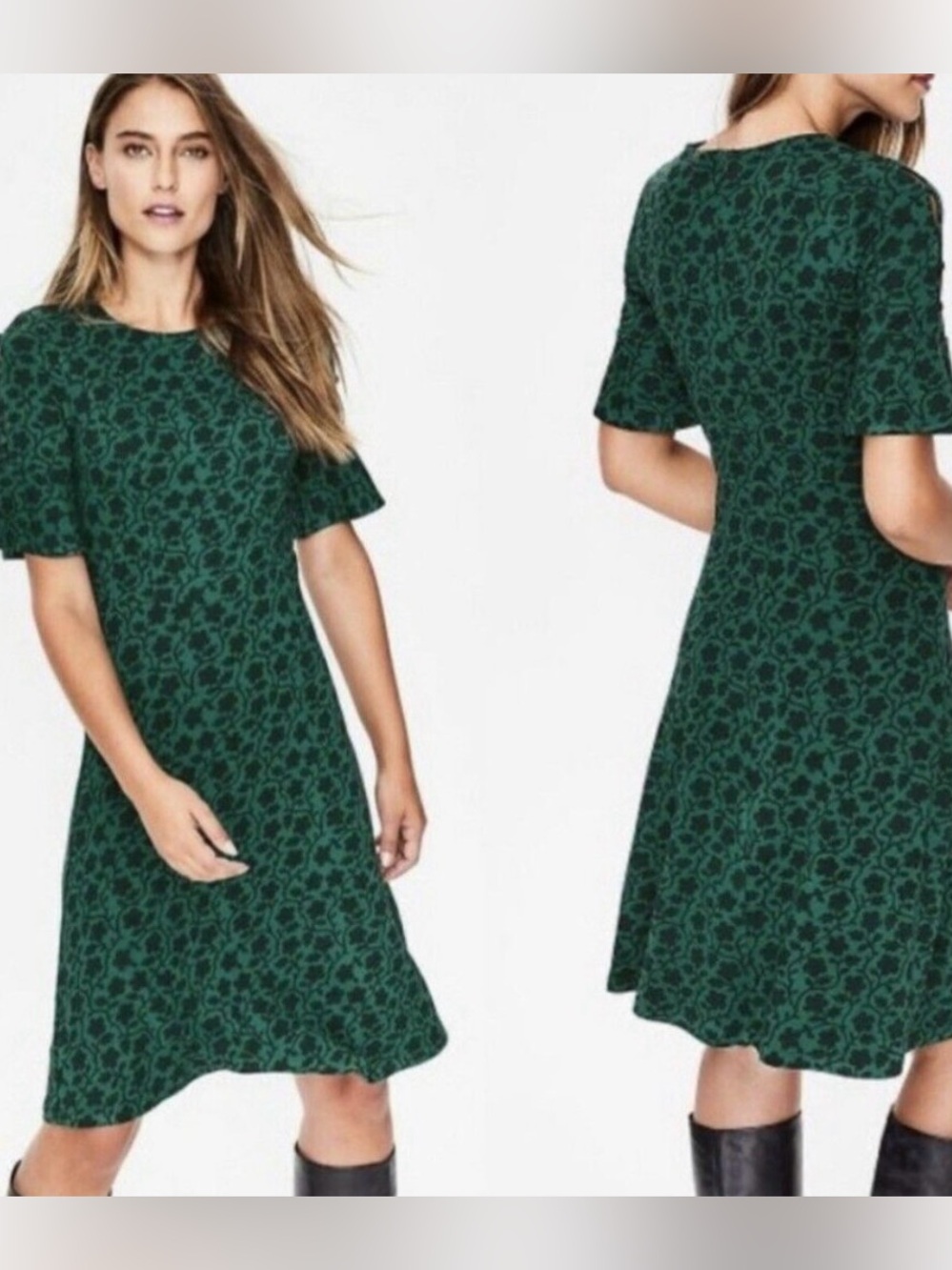 Boden Women’s Floral Alexis Jersey Dress Size 12R Green Knee Length Swing A-Line